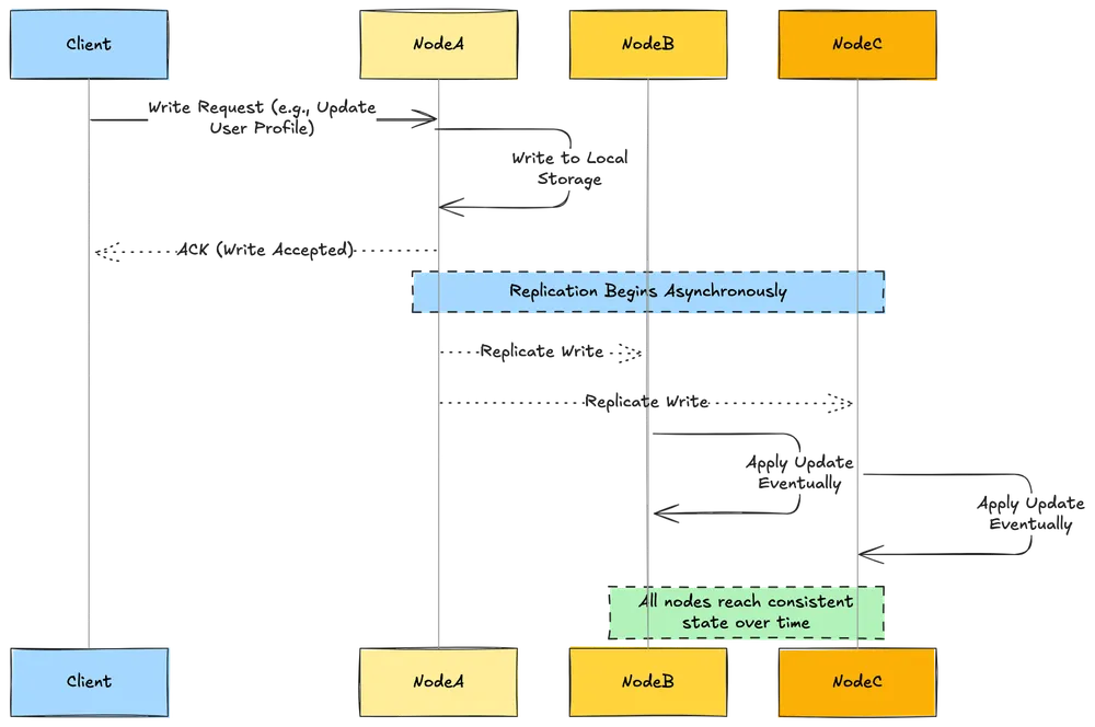 Eventual consistency pattern diagram showing how data synchronizes across distributed systems over time