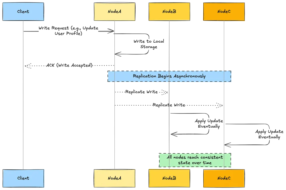 Eventual consistency pattern diagram showing how data synchronizes across distributed systems over time