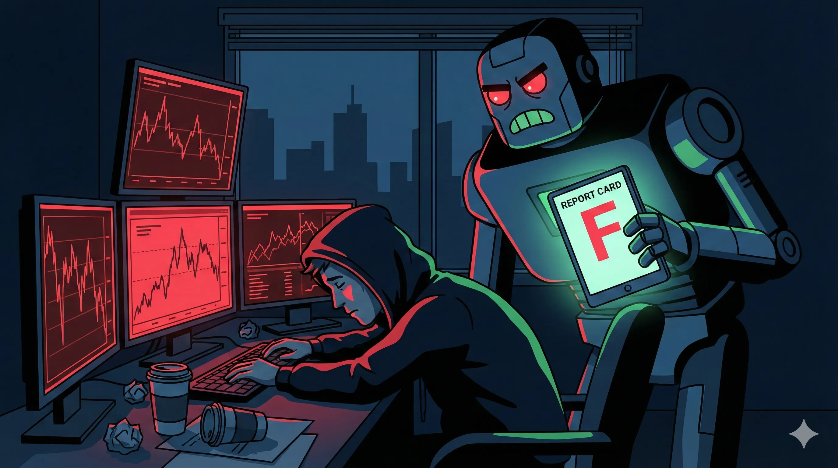AI robot grading a trader with an F report card