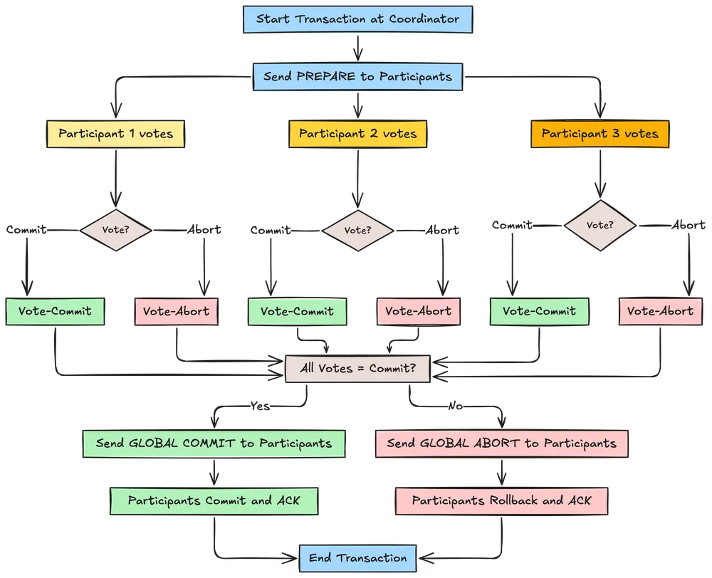 Two-phase commit protocol diagram showing coordinator and participant interactions during prepare and commit phases