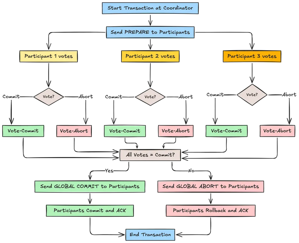 Two-phase commit protocol diagram showing coordinator and participant interactions during prepare and commit phases